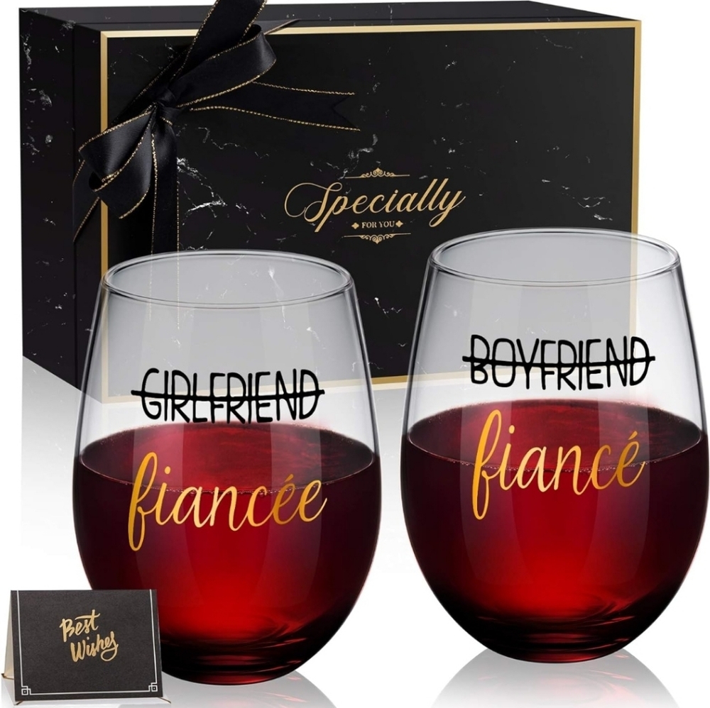 WINE GLASSES: BOYFRIEND/GIRLFRIEND TO FIANCÉ in Satin Lined Giftbox